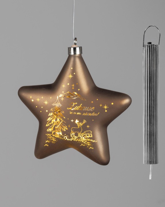 Hänger Stern Fensterschmuck braun-gold mit LED-Licht + Timer 15cm aus mattem Farbglas 