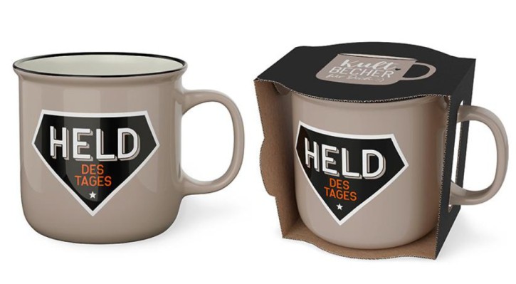 Tasse Becher Keramik grau, 250 ml, Tasse mit Spruch, 1 Stück - Held des Tages