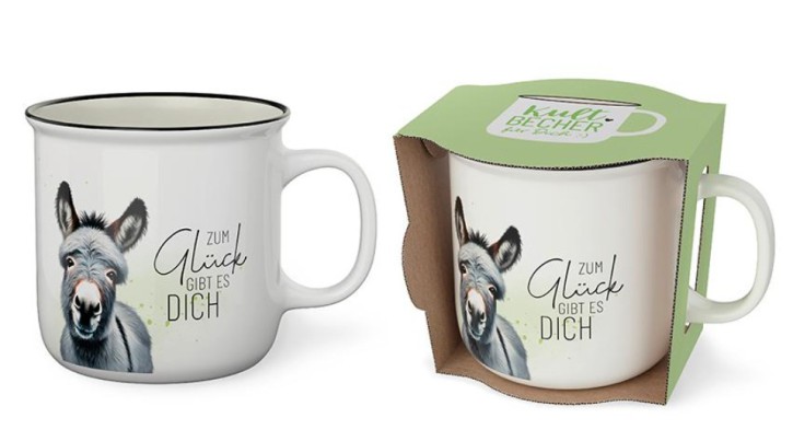 Tasse Becher Keramik weiss, 250 ml, Tasse mit Spruch Esel, 1 Stück - Zum Glück