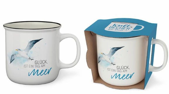 Tasse Becher Keramik weiss, 250 ml, Tasse mit Spruch Möwe, 1 Stück - Glück