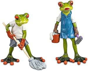  2er Set lustige Frösche Hausputz 16 cm Figur Froschpaar Deko Putzfrau Putzmann