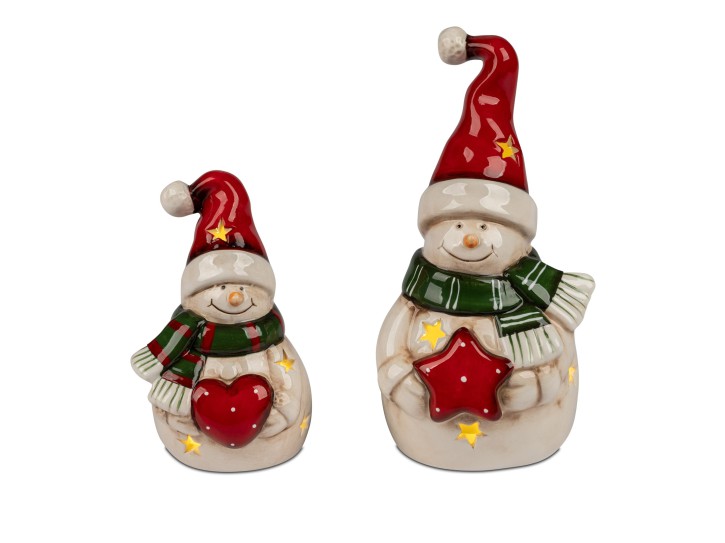 2 Stück im Set -  Dekorativer  Schneemann Deko Figur aus Porzellan mit  Licht Timer 20 cm