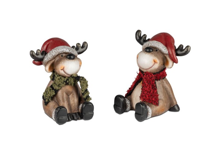 Elch Rentier Figuren 12cm sitzend  mit Schal 2 Stück im Set - Weihnachten Dekoration