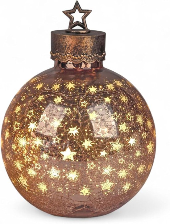 LED Deko-Kugel 35 cm Sterne Rose-Gold Glaskugel Timer 6h/18h beleuchtet - Batteriebetrieben