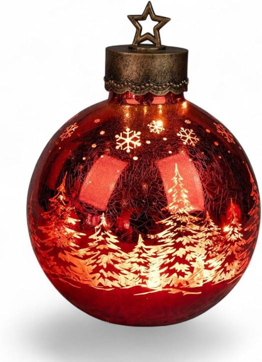 LED Deko-Kugel Frosty Rot 35 cm Farb-Glaskugel in Ice-Optik Timer 6h/18h beleuchtet - Batteriebetrieben