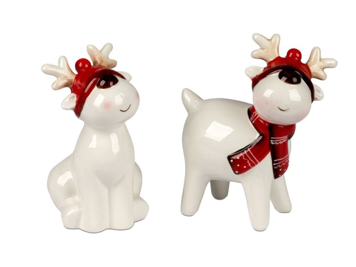 Elch Rentier Figuren 14cm sitzend  mit Mütze 2 Stück im Set - Weihnachten Dekoration