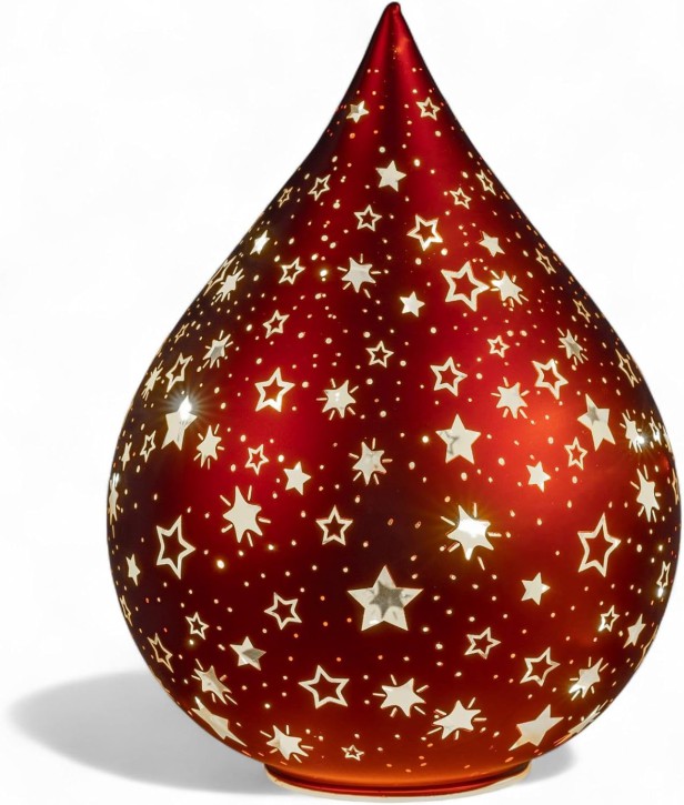 LED Deko Tropfen Sterne Rot 19 cm Glasleuchte + Timer (6h an / 18h aus) Farbglas Batteriebetrieben. - Stimmungslicht