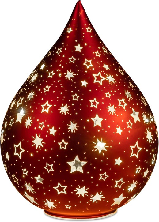LED Deko Tropfen Sterne Rot 24 cm Glasleuchte + Timer (6h an / 18h aus) Farbglas Batteriebetrieben. - Stimmungslicht