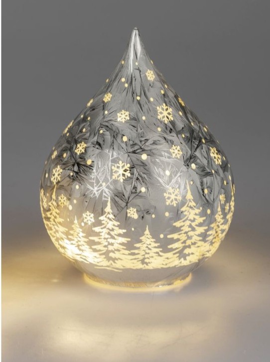 LED Deko Tropfen Frosty-silber 15 cm Glasleuchte + Timer (6h an / 18h aus) Farbglas Batteriebetrieben. - Stimmungslicht