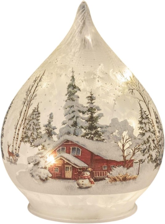 LED Deko-Tropfen Winterhaus 16cm Glas Timer 6h/18h Weihnachtsdeko