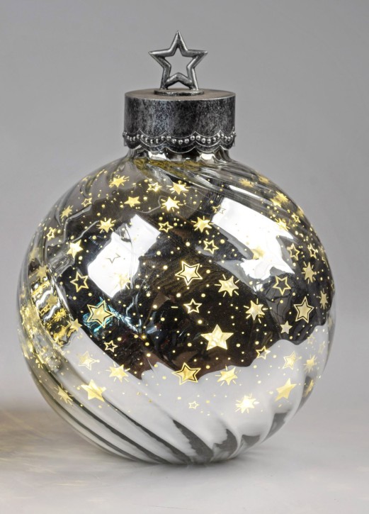 LED Weihnachtskugel Deko Kugel Winter silber 30cm Glasleuchte + Timer (6h an / 18h aus) Farbglas Batteriebetrieben.