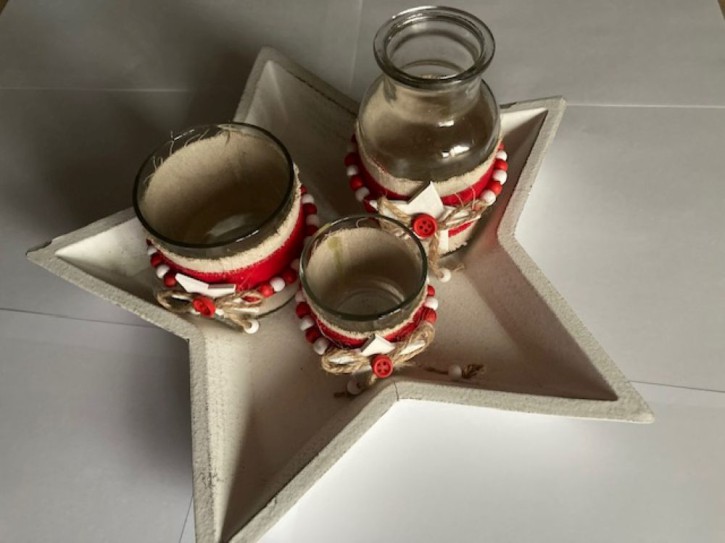 Weihnachtsgesteck Adventsleuchter Weihnachten Teelichtleuchter Set Schale mit 3 Gläser Deko Winter32x32x3cm