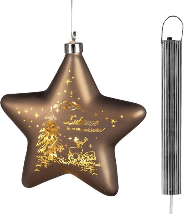 LED Weihnachtsstern zum Hängen Deko-Stern 18 cm braun-Gold aus Glas mit Spruch,Zuhause ist es am schönsten