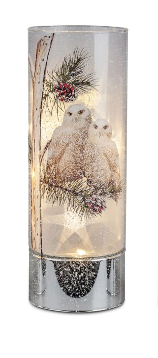 1 Stck.Deko-Licht mit Eulen Motiv 20cm mitLED-Licht + Timer 15cm aus Farbglas in geeister Optik