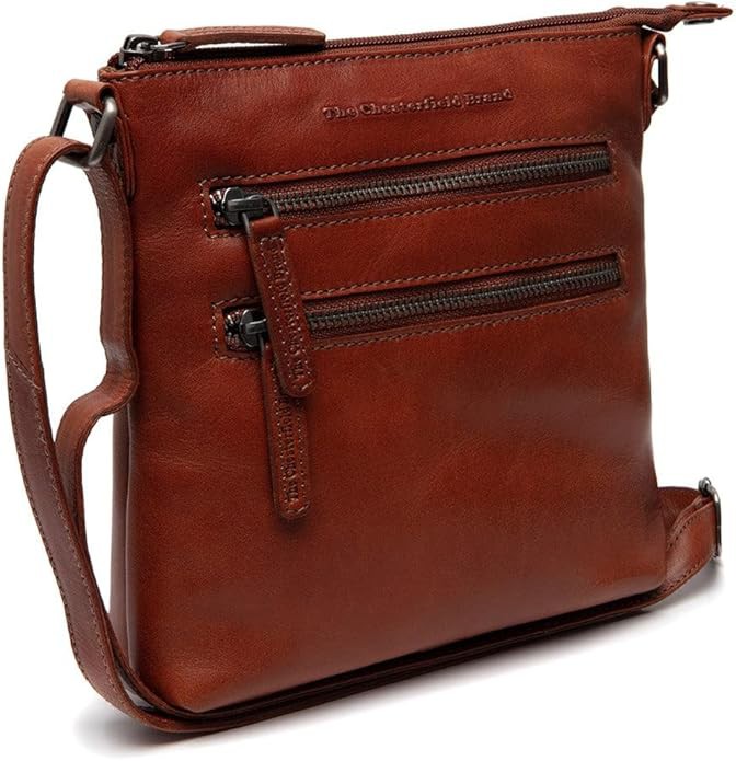 Siena Leder Umhängetasche, Cognac Braun, Klassisches Design mit Mehreren Reißverschlusstaschen, Elegante Damen Schultertasche für Alltag und Business 24x22x7cm Leder