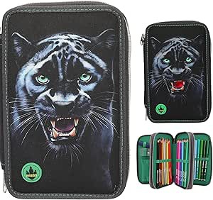 Motiv Panther - Gefüllte 3-Fach Federtasche in Schwarz, mit LED Lichteffekten.