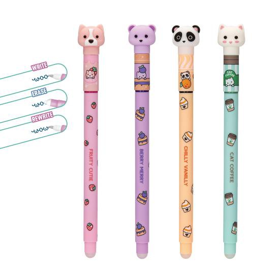 4 Stück Radierbare Gelstifte Colour Tierkopf Motive im Set rosa, lila, schwarz und grün