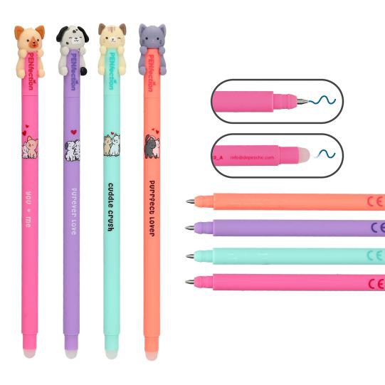 4 Stück Radierbare Gelstifte Hund u. Katze Motive im Set Pink, Apricot, Grün, Lila