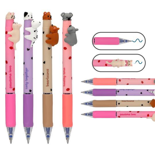 4 Stück Radierbare Gelstifte mit tierisch süßem „Click and Kiss“-Topper Motive im Set