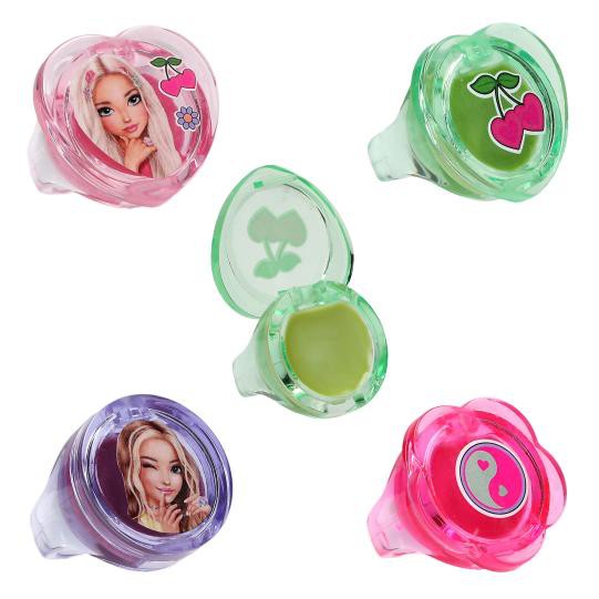4 Stück TOPModel Lipgloss Ring Fingerring GLOW TO GO  kit Erdbeerduft 3,2x3,2x3,2cm 