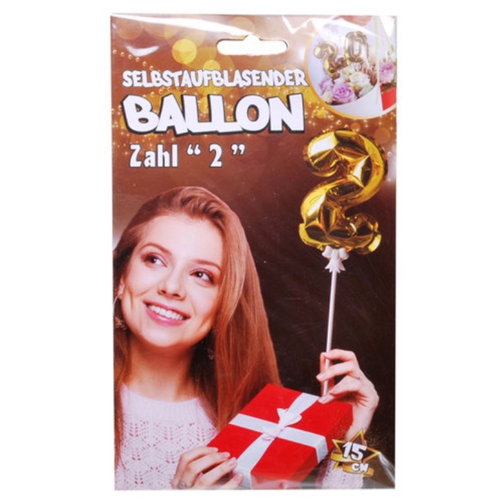 Folien Ballon zum Geburtstag mit Zahl 2 selbstaufblasend Farbe gold