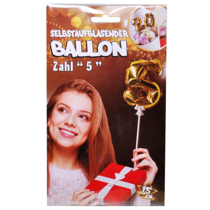 Folien Ballon zum Geburtstag mit Zahl 5 selbstaufblasend Farbe gold