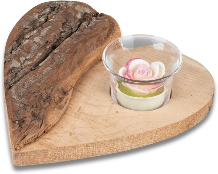 1 Stück Leuchter Herz Tischlicht mit Holz- Rinde-  rustikal 18cm