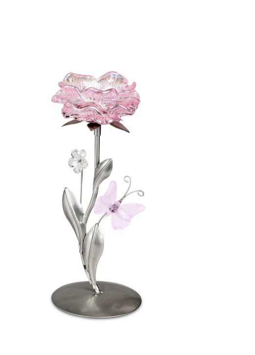Wundervoller Teelichleuchter Metall 1 flammig 23cm Glasblüte in rosa