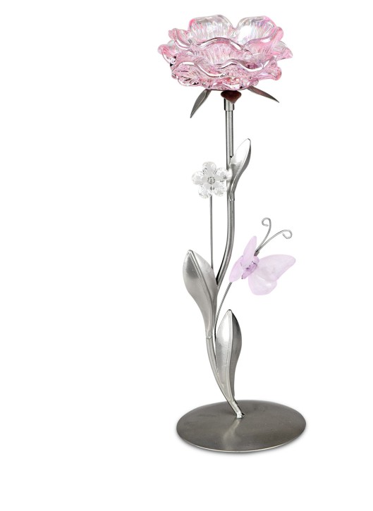 Wundervoller Teelichleuchter Metall 1 flammig 28cm Glasblüte in rosa