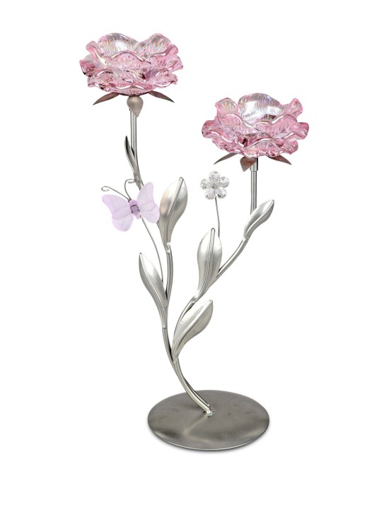 Wundervoller Teelichleuchter Metall 2 flammig 38cm Glasblüte in rosa