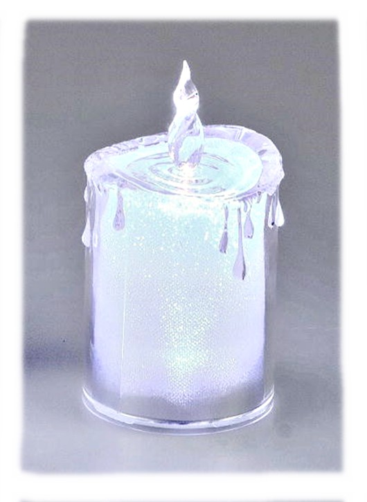 Deko Kerze 7x13cm aus Acryl mit weissem LED-Licht silberner/weiß Folie Timerfunktion