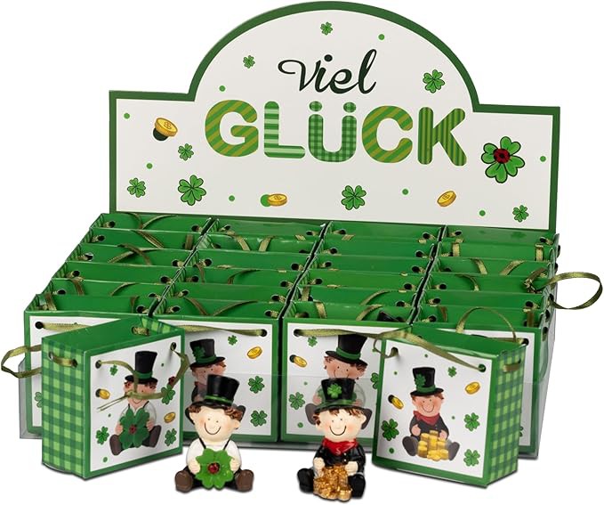 2 Stück Viel Glück mit Geschenktüte, Grün mit Schornsteinfeger Figuren, 5 cm, Glücksbringer für Neujahr