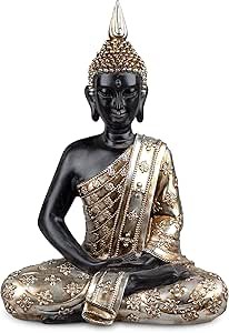 Dekorativer Buddha schwarz - gold 41cm aus Kunststein - gefertigt und mit aufwendigem, antik goldenem Relief verziert