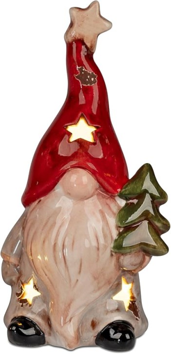 formano 1 Stück Zwerg Deko Figur aus glasierter Keramik LED Licht mit Zipfelmütze 16cm Winterzeit  gefertigt und handbemalt