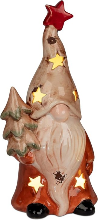 formano 1 Stück Zwerg Deko Figur aus glasierter Keramik LED Licht mit Zipfelmütze 22cm Winterzeit  gefertigt und handbemalt