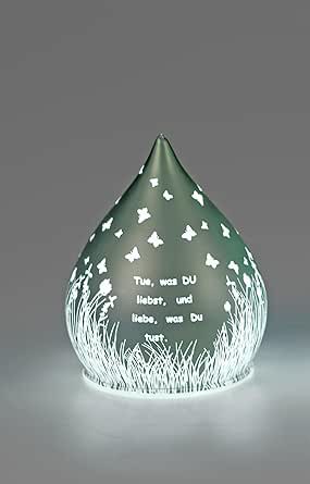 formano Deko-Tropfen in Frosty-Silber mit LED-Licht + Timer 13cm aus Farbglas in geeister Optik mit Spruch: Tue, was du liebst...., für 3x AA Batterien 1,5V-Batterie nicht enthalten