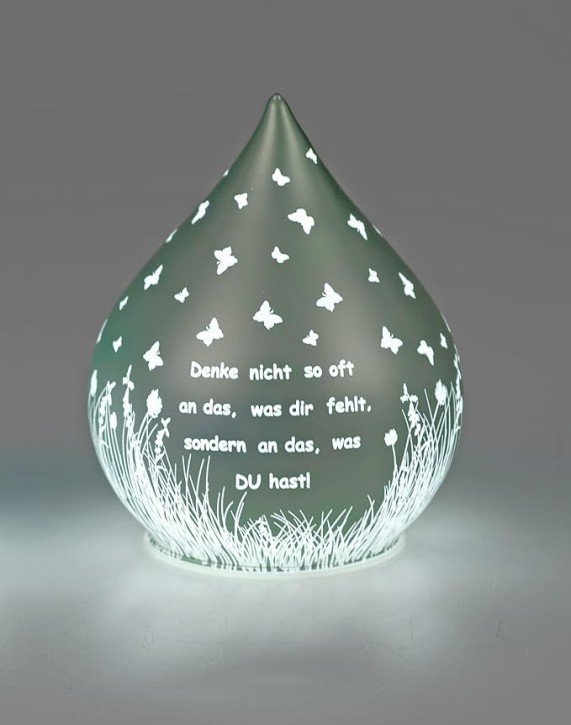formano Deko-Tropfen in Frosty-Silber mit LED-Licht + Timer 13cm aus Farbglas in geeister Optik mit Spruch: Denke nicht so oft an das.., für 3x AA Batterien 1,5V-Batterie nicht enthalten
