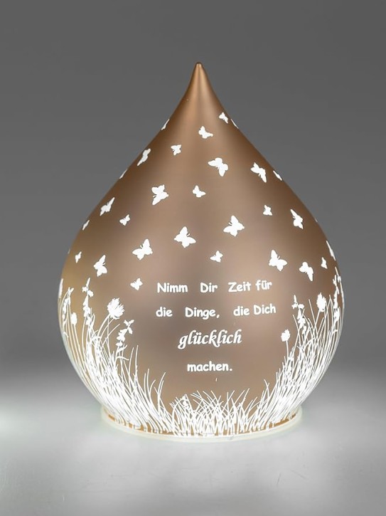 1 Stück formano Deko-Tropfen in Frosty-Gold mit LED-Licht + Timer 15cm aus Farbglas mit Spruch: Nimm Dir Zeit für..., für 3x AA Batterien 1,5V-Dekolampe, Batterie nicht enthalten