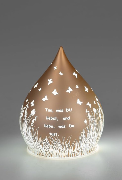 1 Stück formano Deko-Tropfen in Frosty-Gold mit LED-Licht + Timer 13cm aus Farbglas in geeister Optik mit Spruch: Tue, was Du liebst.., für 3x AA Batterien 1,5V-beleuchtete Dekolampe, Batterie nicht enthalten
