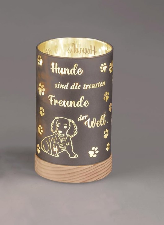 Dekorative LED-Lichtsäule mit Hundemotiv und Timer, Schwarz-Gold, 15cm, Holzsockel, Pfoten-Design, Deutsche Aufschrift- Hunde sind die treusten Freunde..
