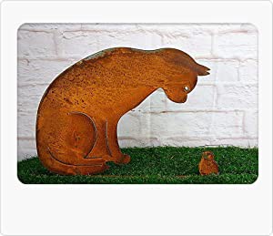 Metall Gartenstecker Figur Katze und Vogel rusty