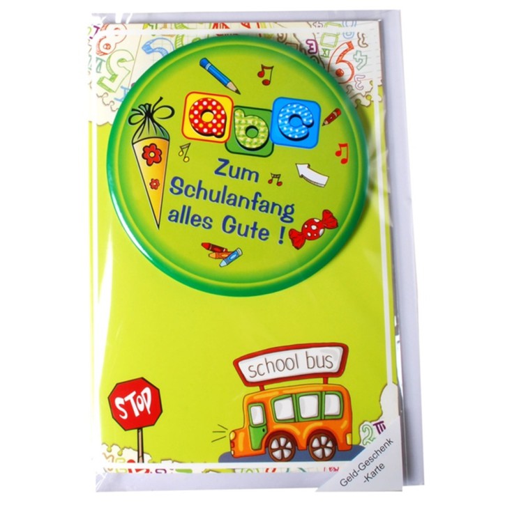 Grußkarte zur Einschulung Karte mit Riesen-Button zum Schulanfang