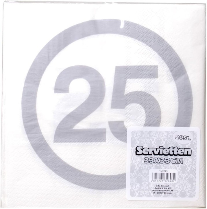 Servietten Silber im Warnschild Design mit Aufdruck"25" 20 Stck. Masse 33x33cm