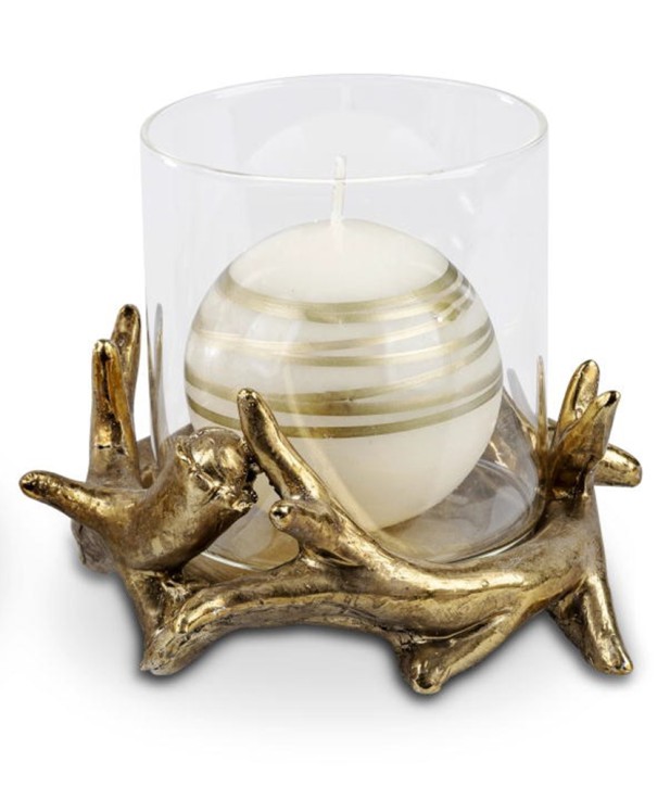 Windlicht Geweih mit Kerzen-Glas 16cm aus Kunststein Farbe antik-gold