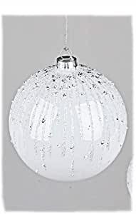 Hängekugel Winterweiss 10cm, schöne Baumdeko aus weissem Glas mit silbernem Glitter