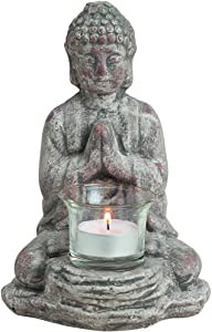 Keramik Deko Buddha Figur mit Teelichtleuchter grau